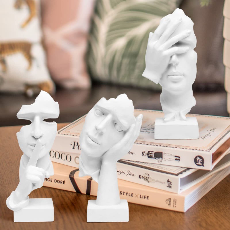 prosfalt 3 Pcs Thinker Statue, Silence is Gold Abstract Art Figurine, No Hear No See No Speak Modern Home Resin Sculptures Decorative Objects Decor for Home Office Bookshelf Desktop(White), A-41 - Image 2